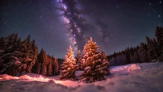 雪夜森林星空美景