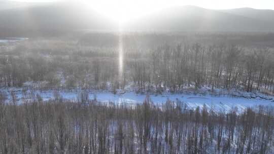 航拍大兴安岭雪色阳光山林