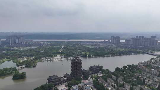 航拍四川眉山东坡城市湿地公园