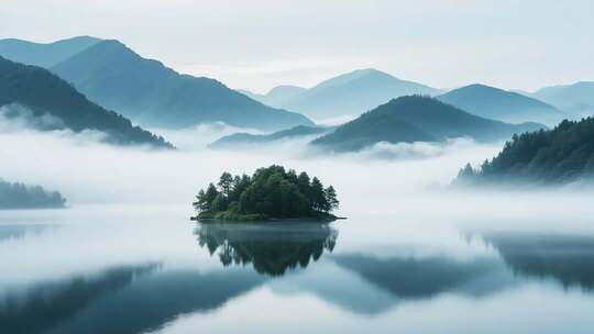 山水间云雾缭绕的湖泊景观