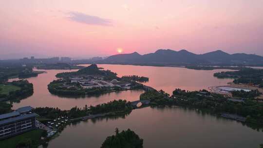 杭州湘湖日落黄昏风景航拍