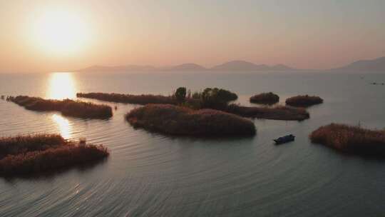 4k航拍山东泰安东平湖夕阳