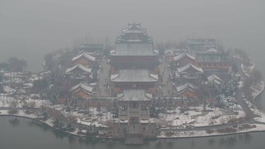 航拍胶州雪后少海南湖公园