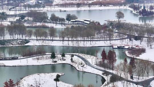 航拍湿地公园雪景树林湖岛