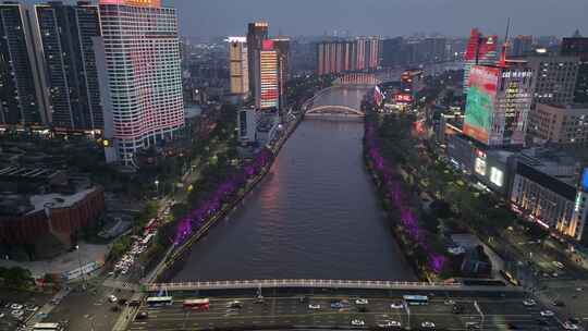 航拍浙江省宁波市奉化江两岸繁华城市夜景