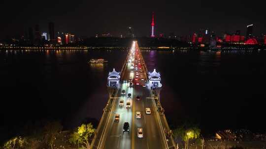 武汉长江大桥夜景航拍长江夜景城市建筑风光