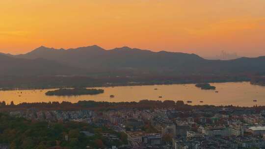 杭州风光西湖夕阳全景秋色航拍