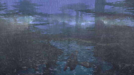 沼泽森林中的强雨和雷声——雨夜丛林。菲勒