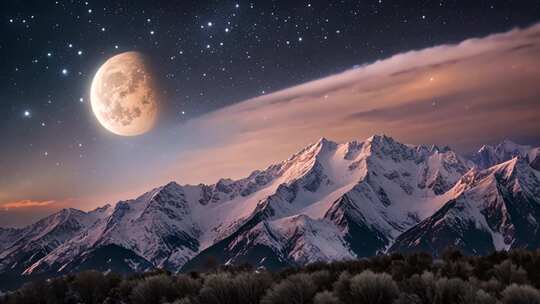 雪山月夜自然美景