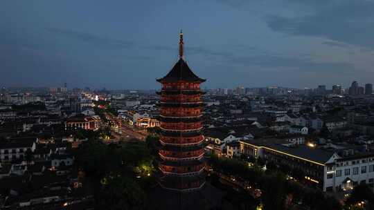 苏州古城报恩寺北寺塔景区夜景（航拍运镜）