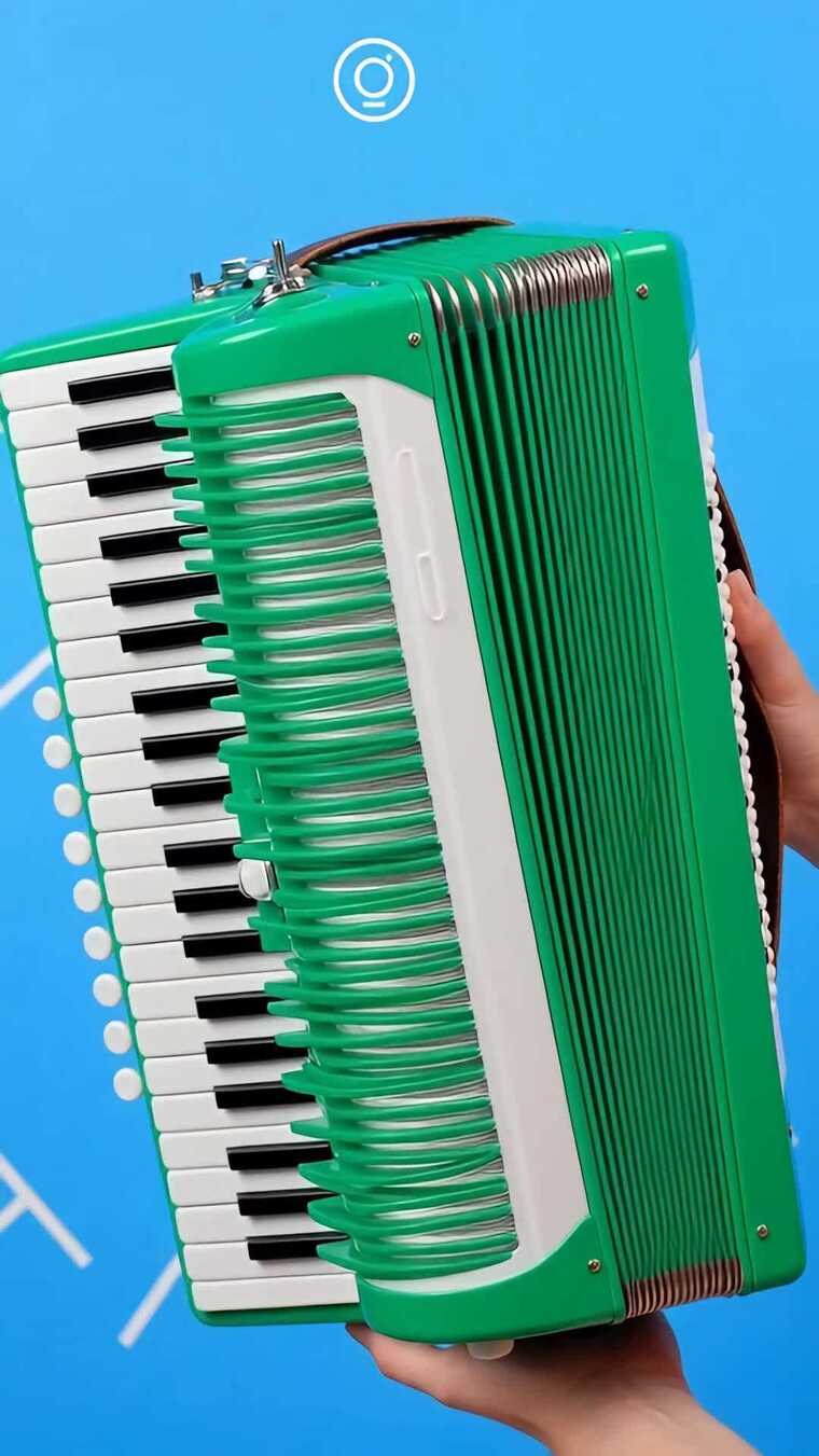 手持绿色手风琴特写