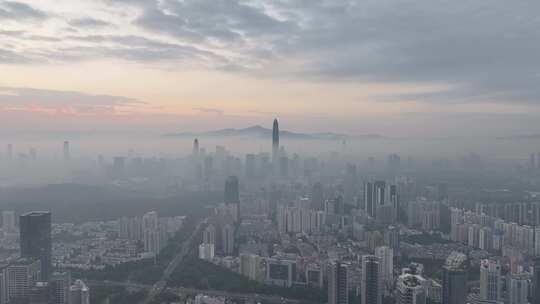 深圳福田清晨平流雾日出航拍