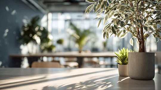 办公室内盆栽与阳光洒落场景
