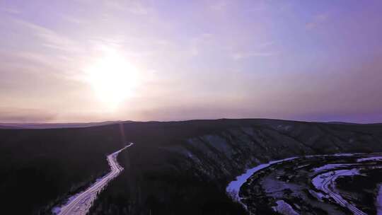 航拍东北黑龙江漠河夕阳雪景美丽风光