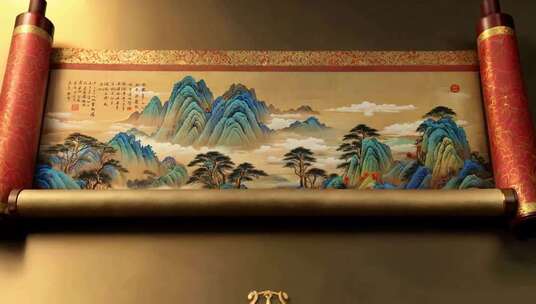 中式山水画卷轴展示