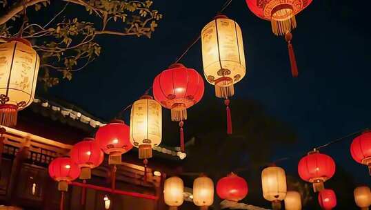 夜晚悬挂的中式灯笼