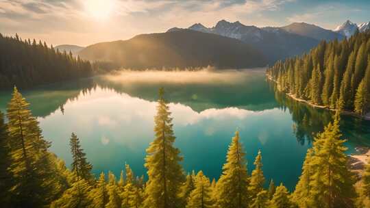 山林间湖泊日出美景