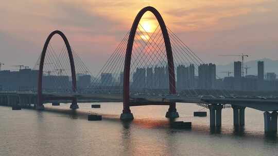 夕阳下的之江大桥视频素材模板下载