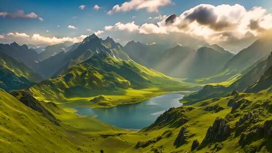 山间湖泊自然风光全景