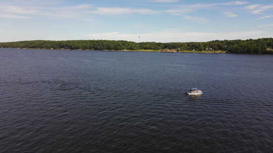 河上游艇的航拍镜头。无人机从船上拉回来。区内的海岸