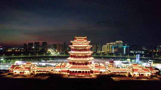 湖南省湘潭市万楼灯光秀夜景航拍4k