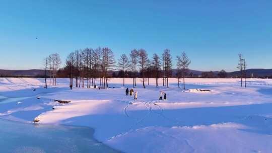 户外雪地中行走的人群