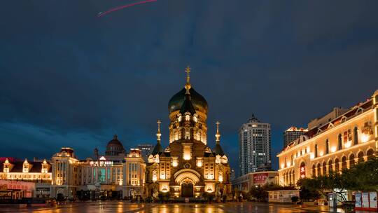 哈尔滨圣索菲亚大教堂夜景延时
