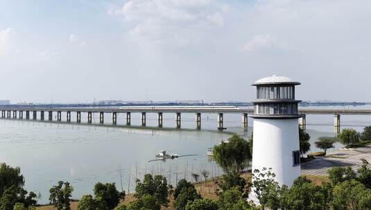 合集-阳澄湖海上列车高铁驶过航拍