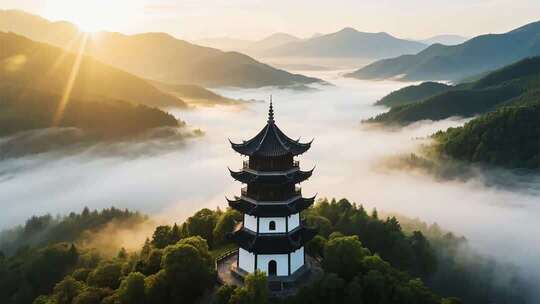 云雾环绕古风楼阁的山间美景