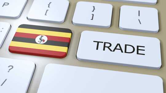 按钮3D动画上的乌干达国旗和贸易文本