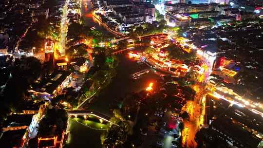 中国江苏省苏州山塘街景区夜景航拍