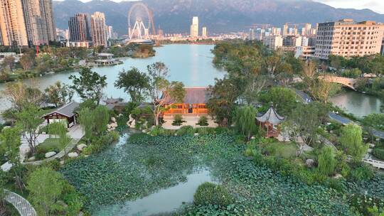 航拍福建福州晋安区晋安湖湖景