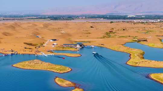 航拍乌海市乌海湖沙漠沙丘