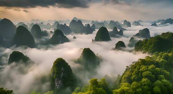 桂林山水合集山峰云海群山云雾缭绕自然风景