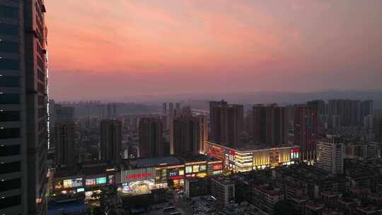 航拍宜昌CBD城市建筑夜景晚霞