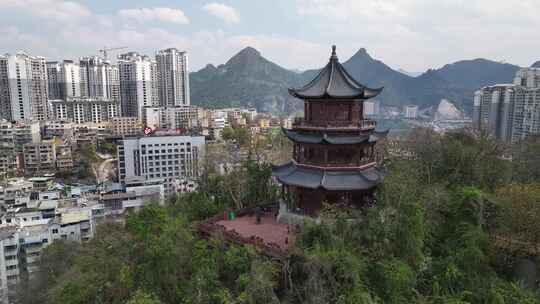 航拍贵州铜仁市古城东山寺城市风光