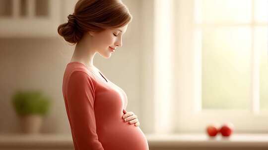 阳光下孕妇温柔触摸腹部感受母爱喜悦