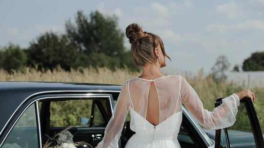 新娘，白色连衣裙，复古，汽车