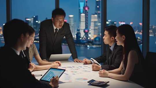 一群公司精英白领开会分析财务数据报表
