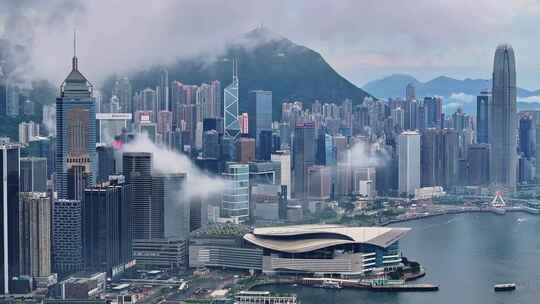 香港维多利亚港CBD中环日出高空航拍