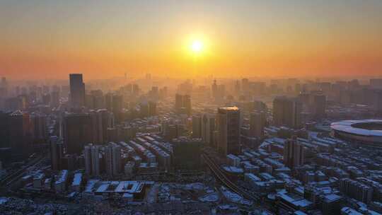 长沙城市日出雪景航拍