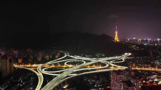 青海西宁园树立交桥夜景交通航拍