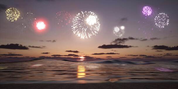 4K-夜晚海面烟花沙滩循环-UE-三维高清在线视频素材下载