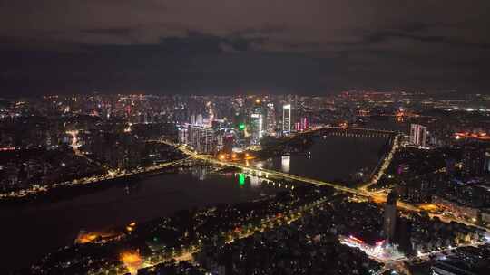 航拍福州闽江两岸风光夜景城市夜晚高空风景