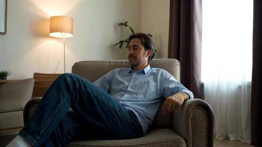 男人客厅沙发上放松休憩