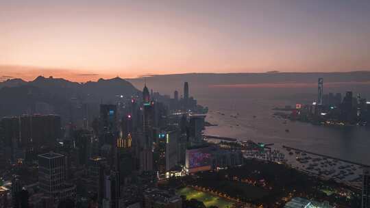 航拍香港城市日转夜灯光夜景延时