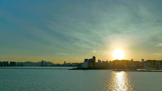 珠海航拍海边日出海滨城市