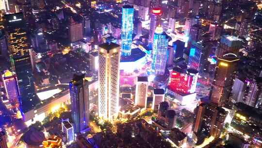 航拍南京新街口高楼夜景延时摄影