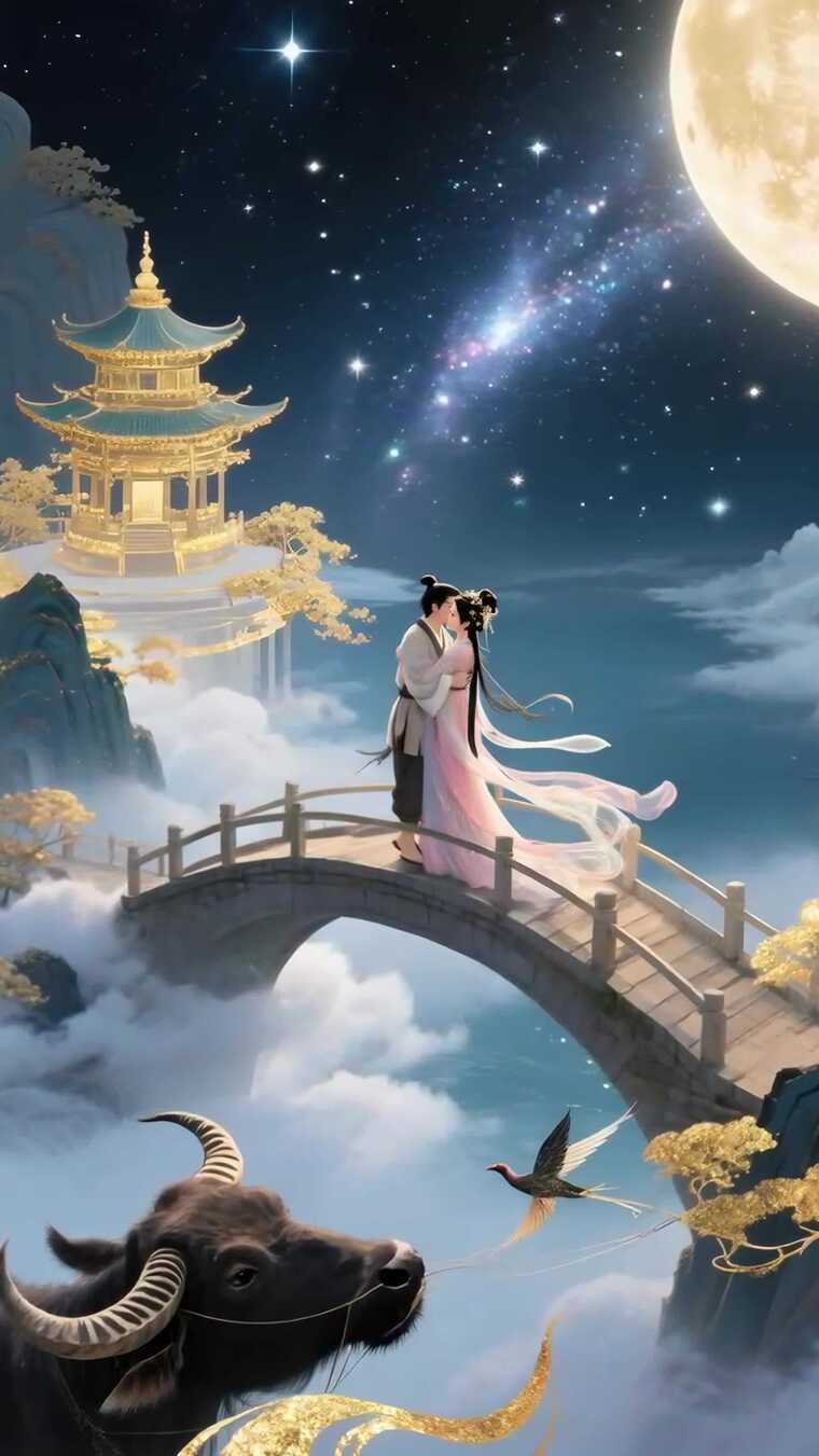 七夕节牛郎织女鹊桥相遇竖屏