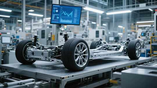 汽车制造工厂车架生产画面